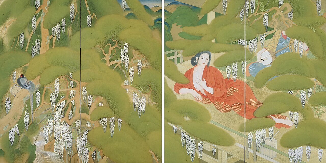 絹本著色湯女図〈土田麦僊筆／二曲屏風〉の画像