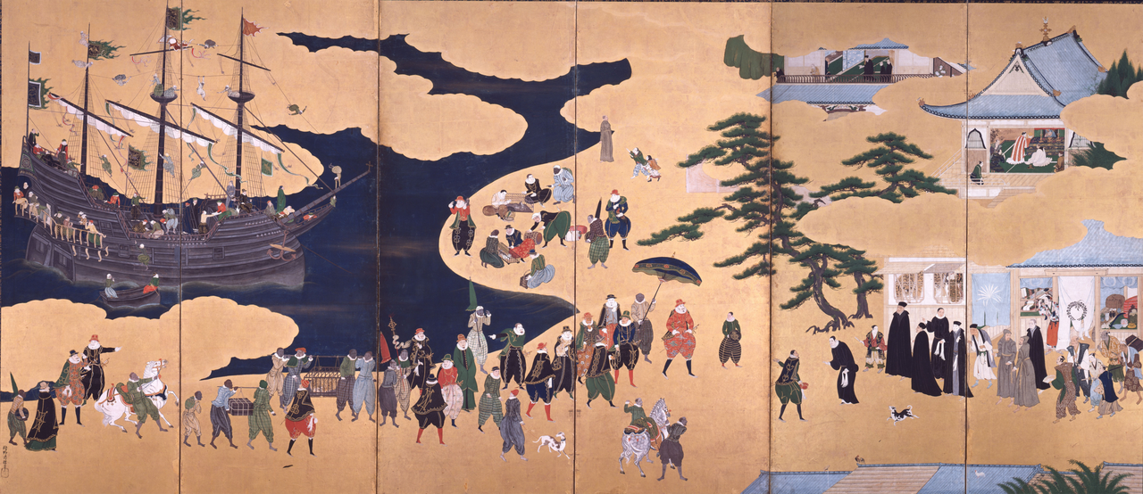 紙本金地著色南蛮人渡来図〈狩野内膳筆／六曲屏風〉の画像