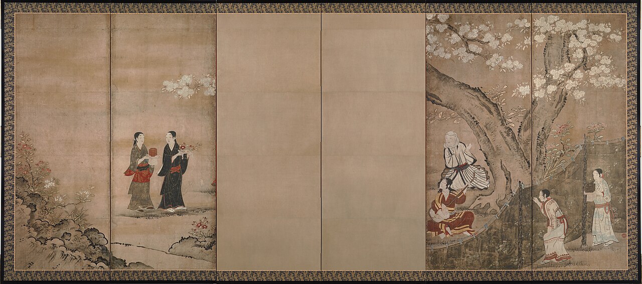 紙本著色花下遊楽図〈狩野長信筆/六曲屏風(右隻の二扇を欠く)〉の画像