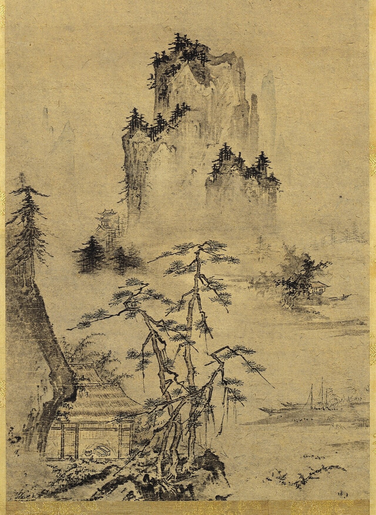 紙本墨画淡彩山水図〈伝周文筆/〉の画像